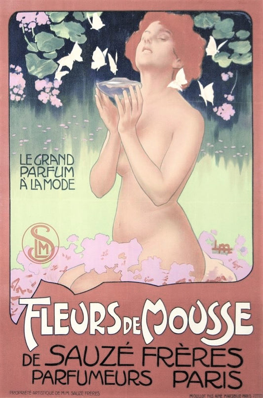 MELTICOVITZ Leopoldo - Fleurs de mousse, le grand parfum à la mode de Sauzé Frères, Parfumeurs, affiche lithographique