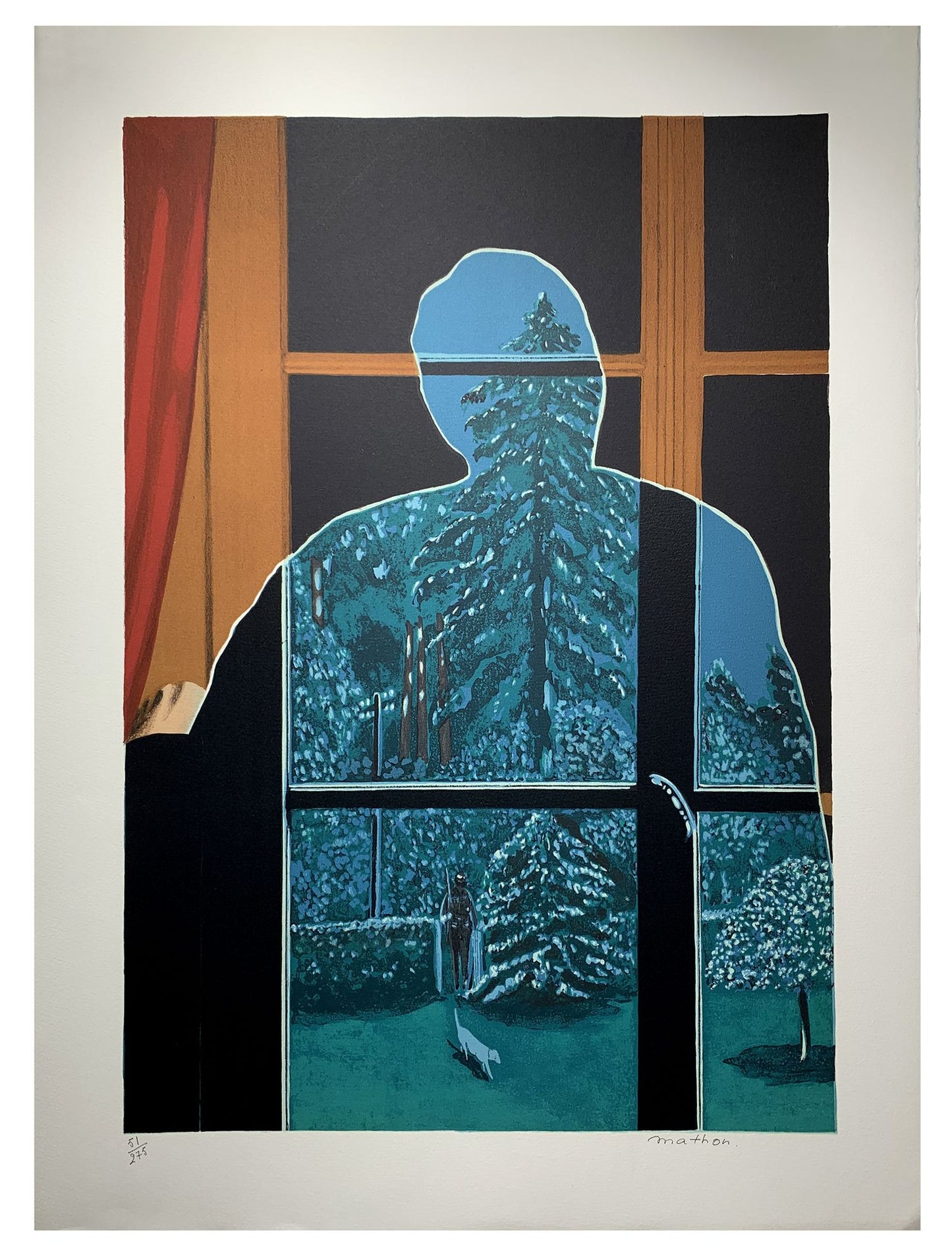 MATHON Bruno - Hommage à Magritte - Silhouette à la fenêtre, lithographie