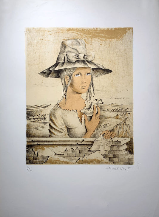 Michel VIOT - Jeune fille au chapeau, lithographie