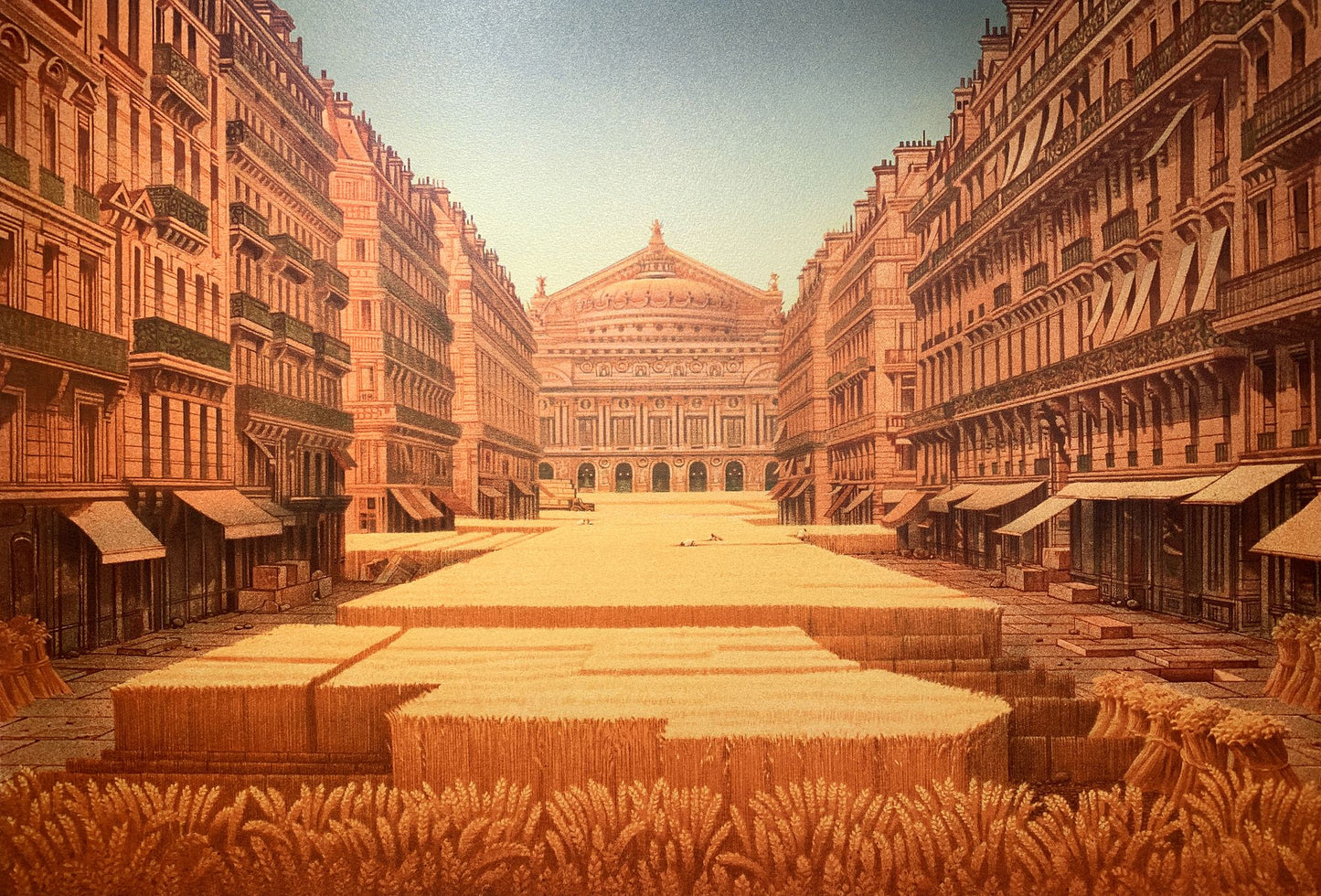 Michel DUBRE - Les champ de blé devant l'opéra, lithographie