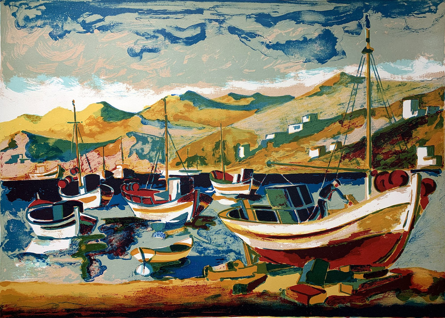 Dan JACOBSON - Le port de Mykonos, lithographie