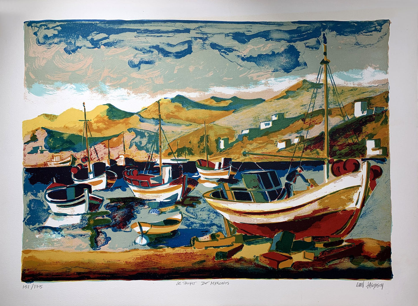 Dan JACOBSON - Le port de Mykonos, lithographie