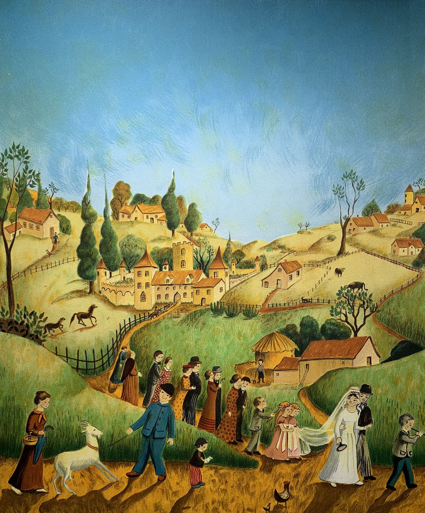 Claude KAISER - L'arrivée des mariés au village, lithographie