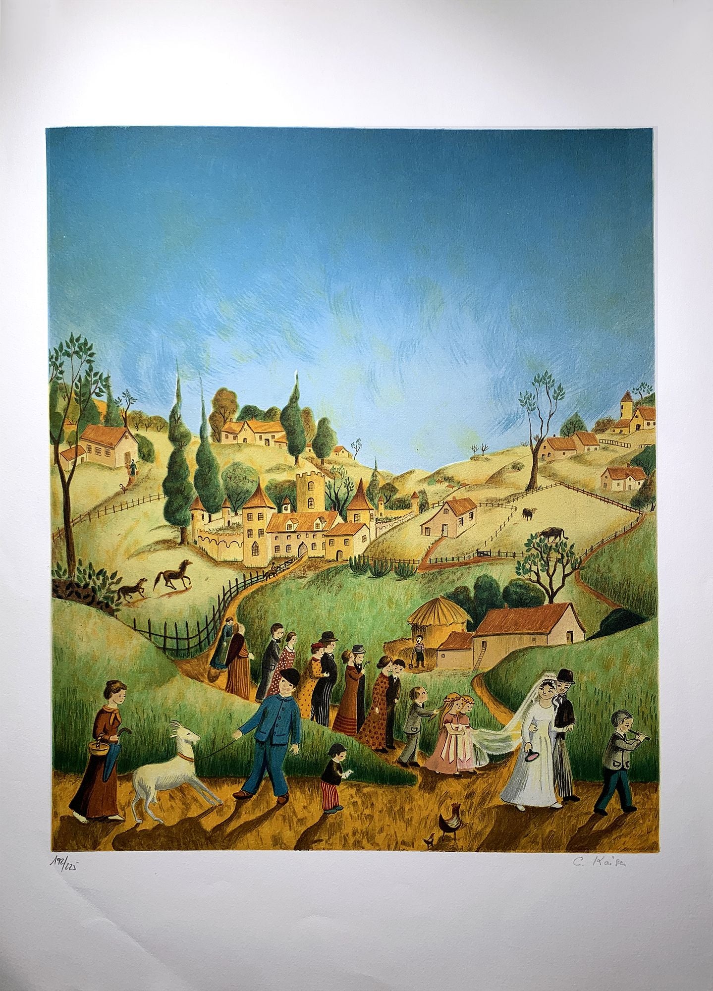 Claude KAISER - L'arrivée des mariés au village, lithographie