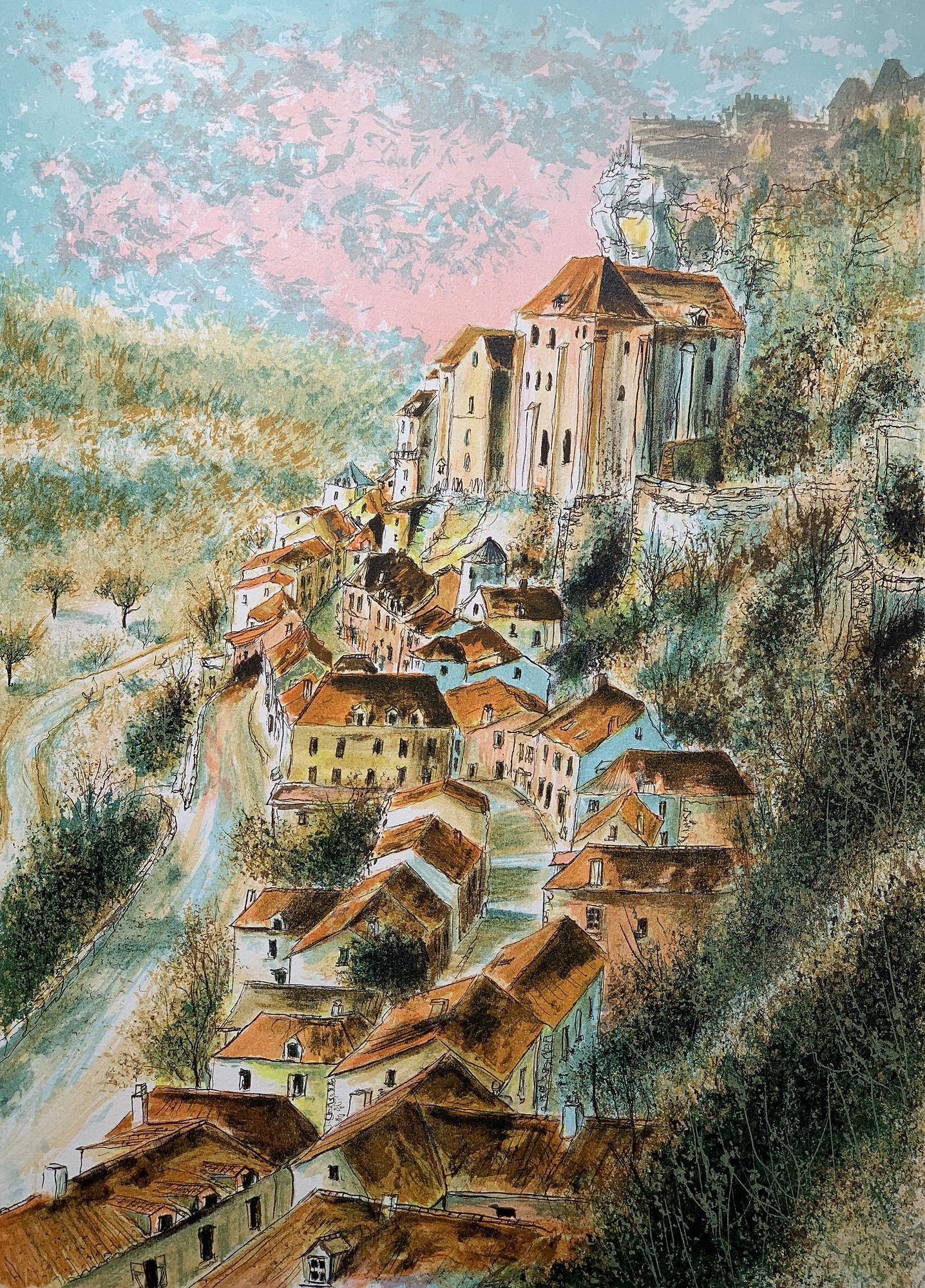 Pierre MAS - Vue d'une village vallonné, lithographie