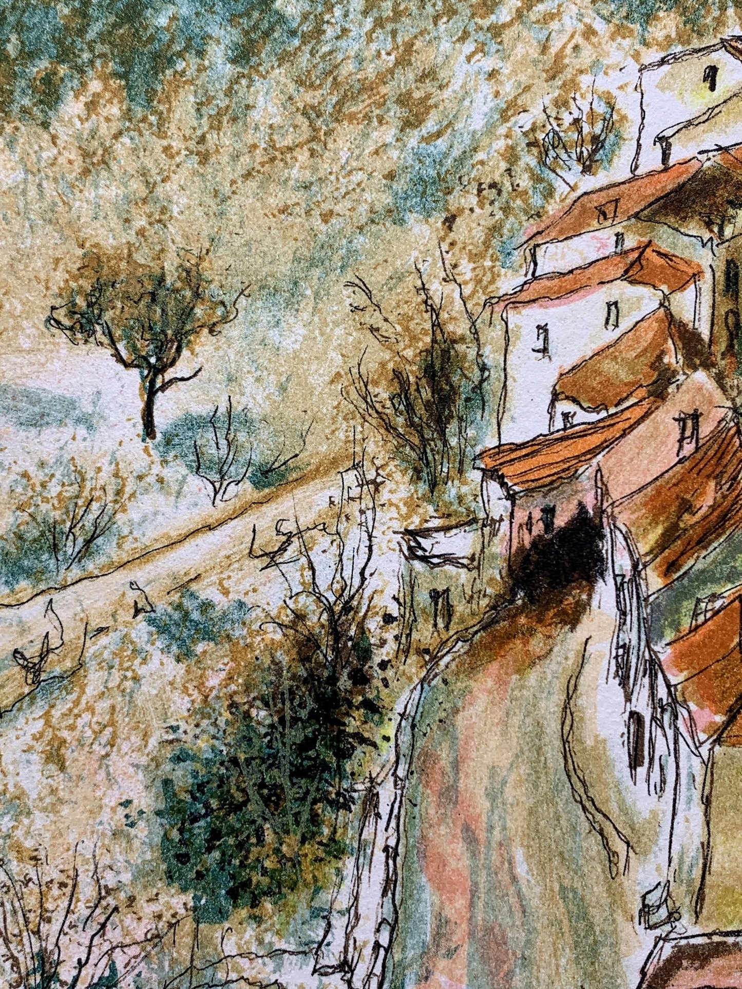 Pierre MAS - Vue d'une village vallonné, lithographie