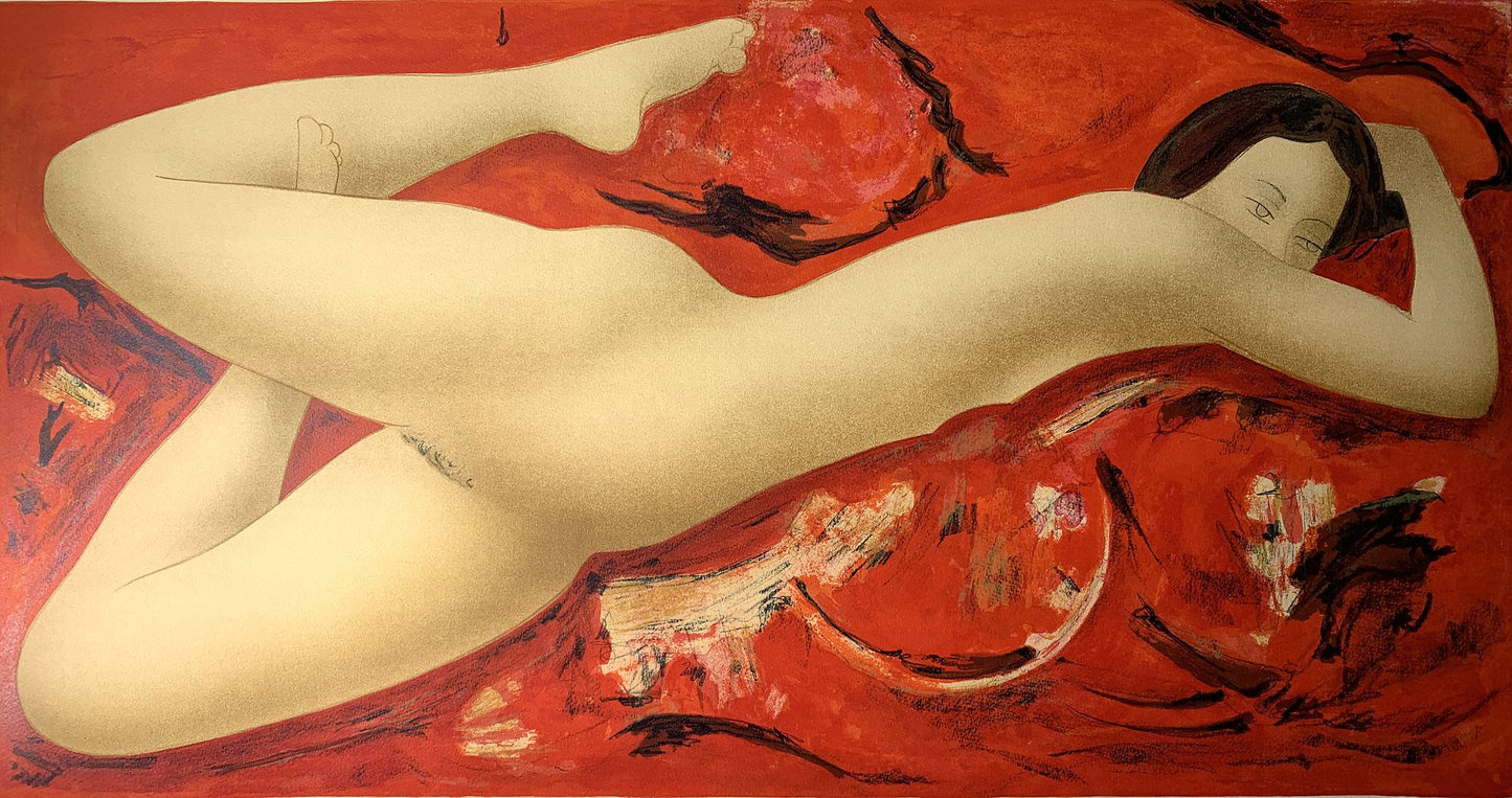 Alain BONNEFOIT - Nu aux draps rouges, lithographie