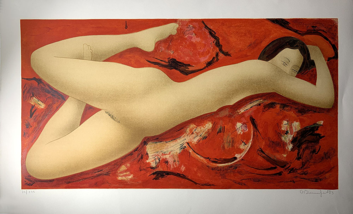 Alain BONNEFOIT - Nu aux draps rouges, lithographie