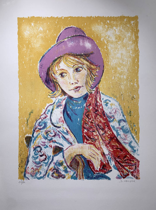 D. VACHER - Jeune fille au chapeau, lithographie