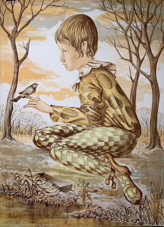 VIOT MICHEL - L'enfant au moineau, lithographie