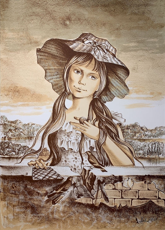 VIOT MICHEL - Jeune fille au chapeau, lithographie